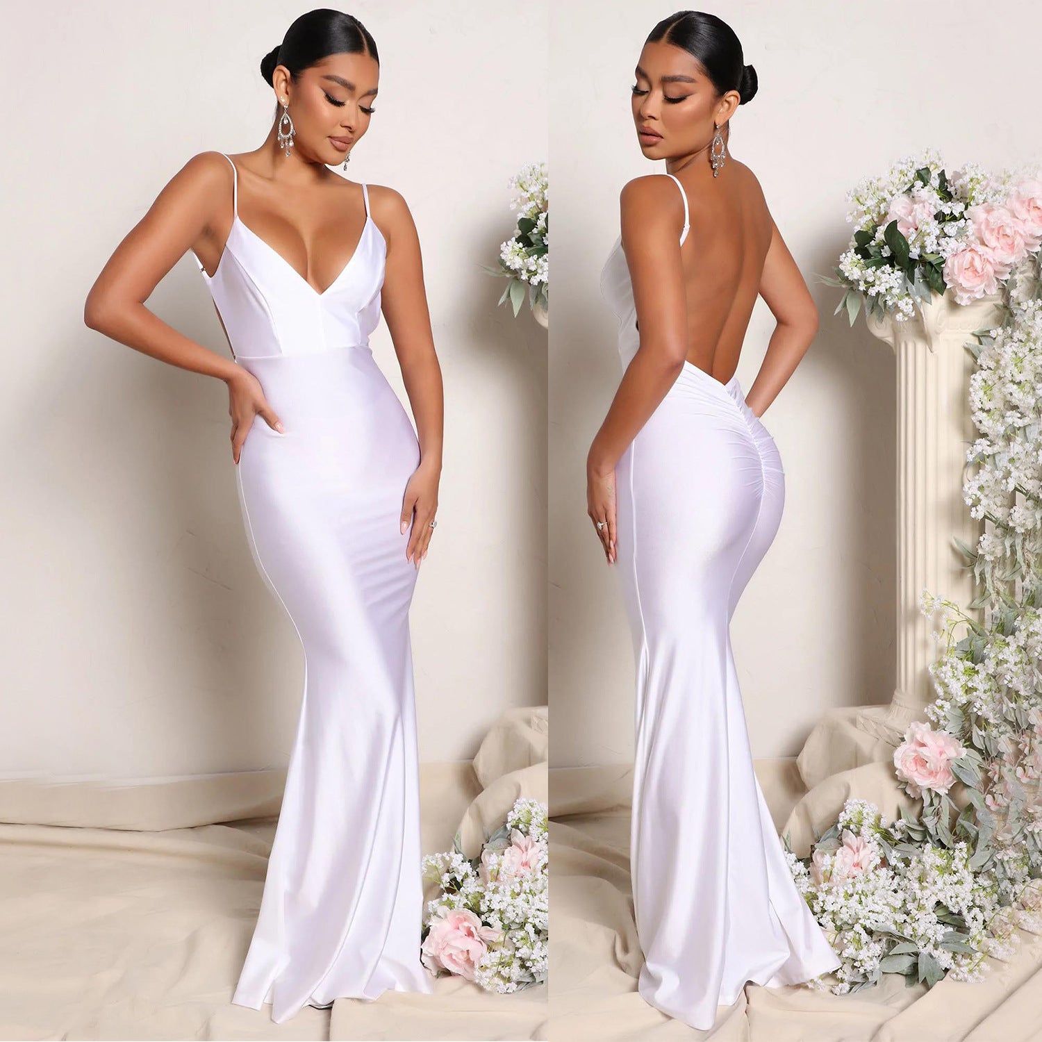 Women Sexy Sleeveless V-Neck Bodycon Long Fishtail Evening Dress