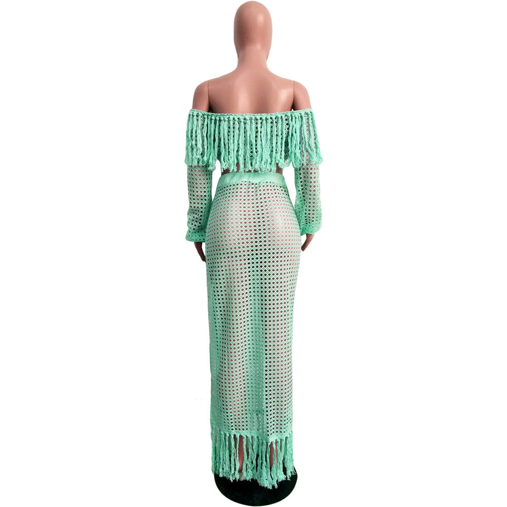 Summer Hollow Sexy Fashion Mesh Tassel See-Through Two-Piece Skirt Set 42