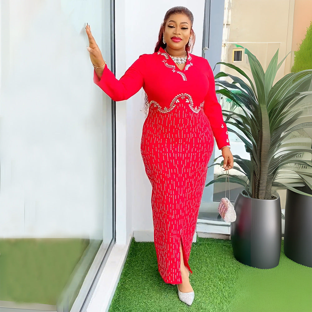 Africa Plus Size Women's Beaded V-Neck Bodycon Chic Elegant Dress