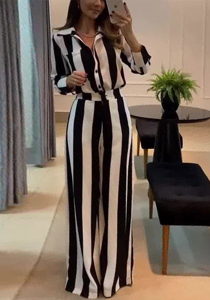Black & White Striped Button Pocket Shirt Wide-Leg Pants Set