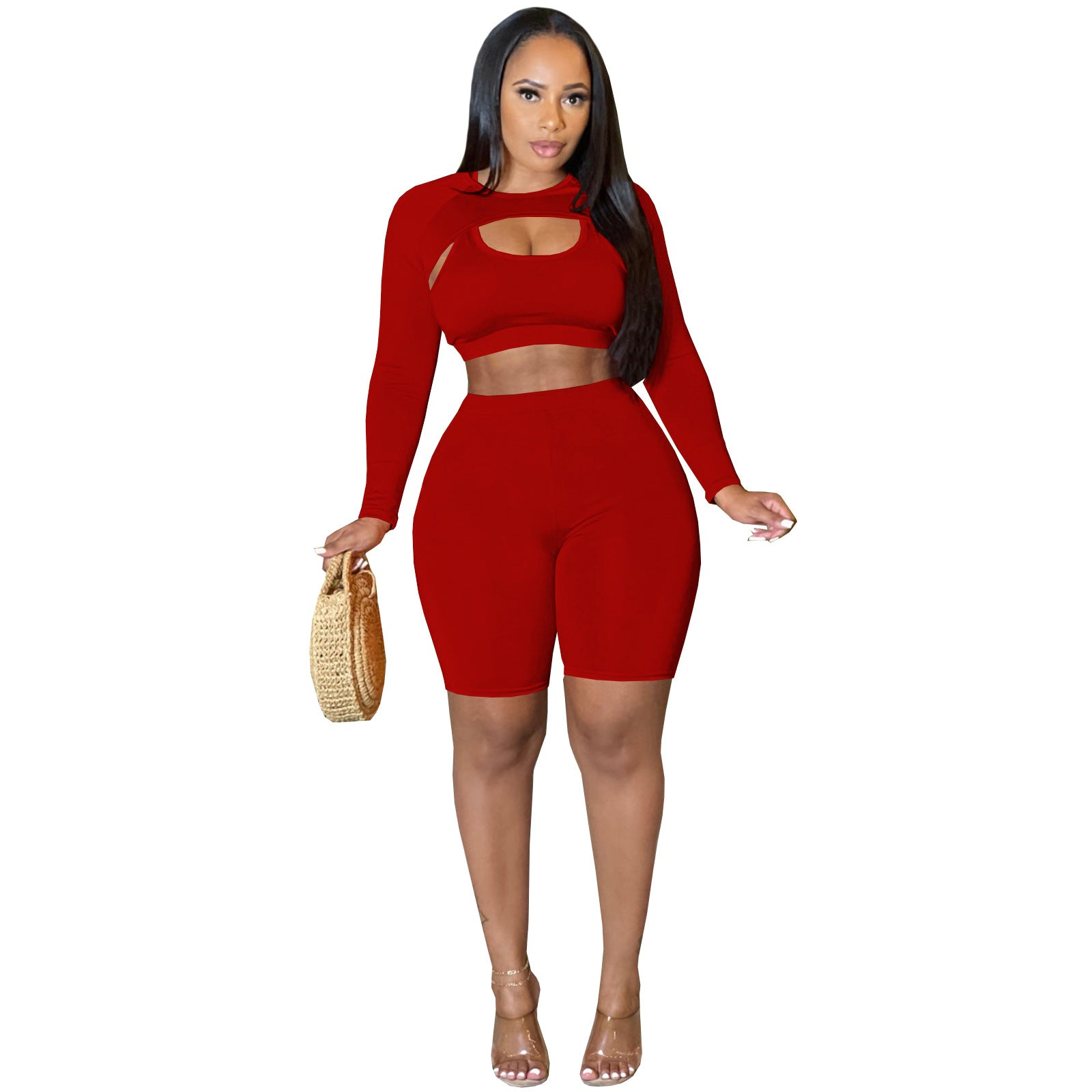 Women solid sports vest long sleeve set and shorts three-piece suit 5
