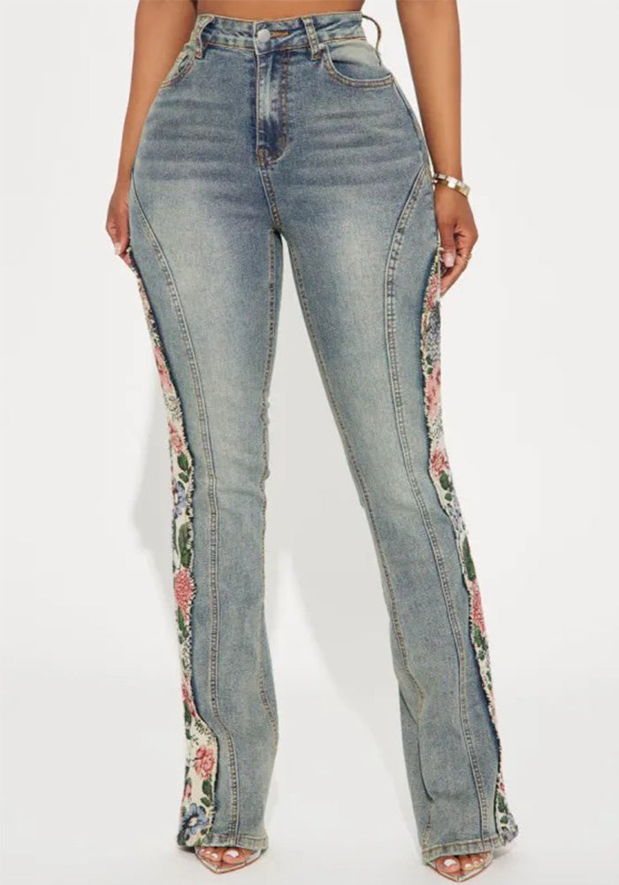 Patchwork Floral Denim Bell Bottom Pants