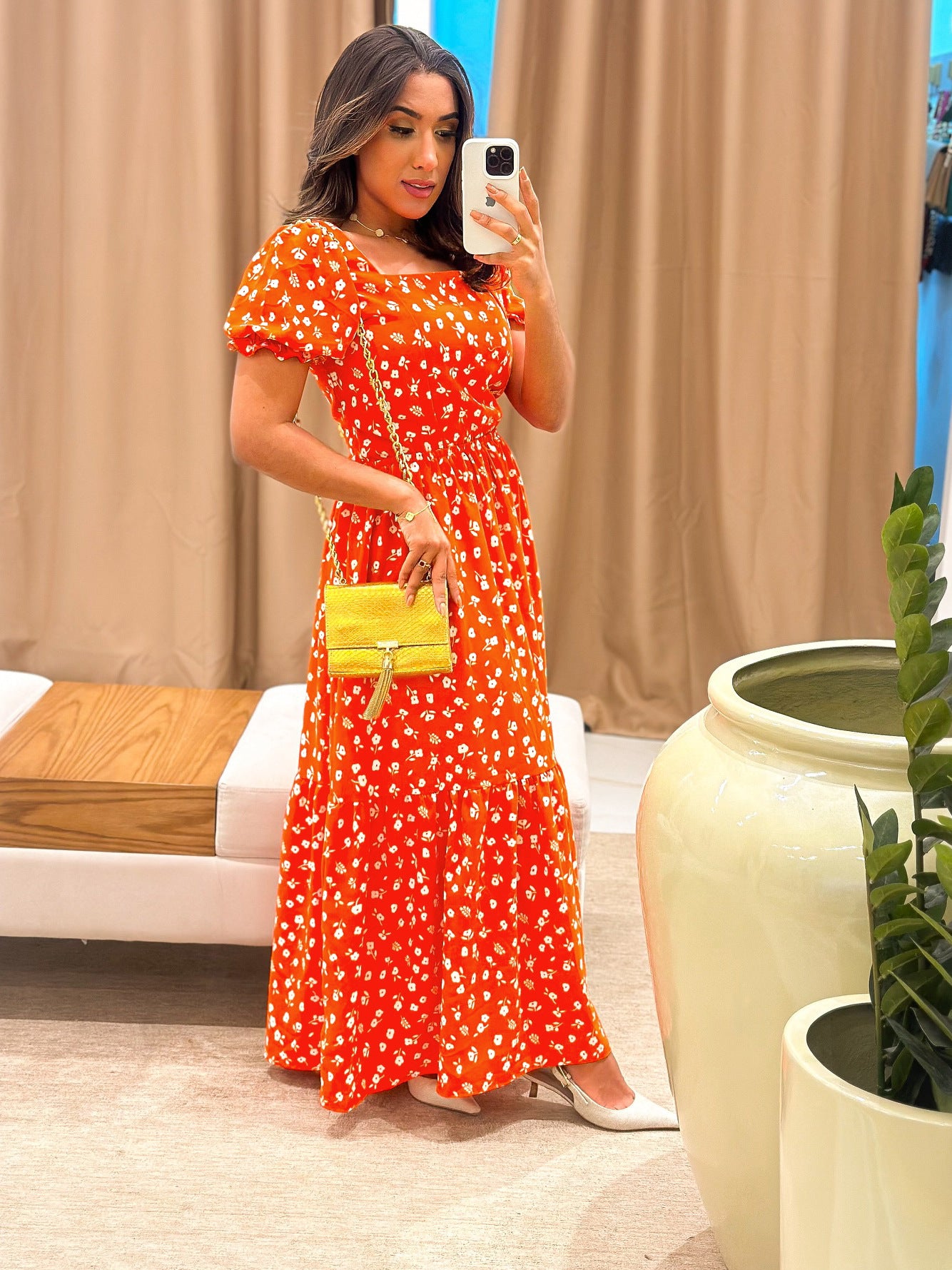 Women Square Neck Puff Sleeve Floral Dress