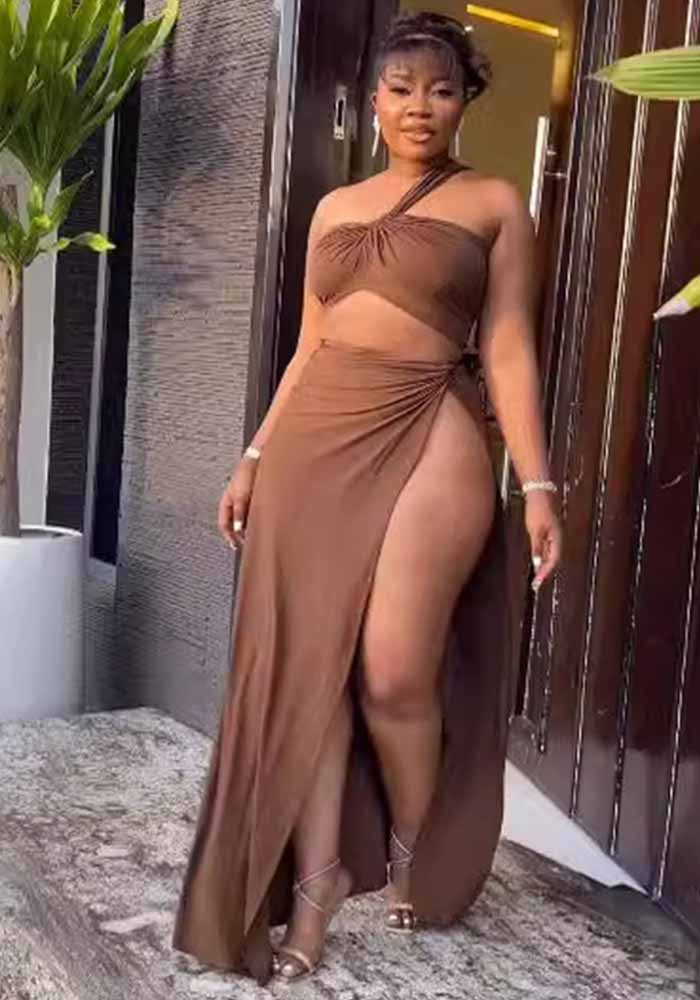 Women Solid Slash Shoulder Crop Top and Slit Skirt two-piece set