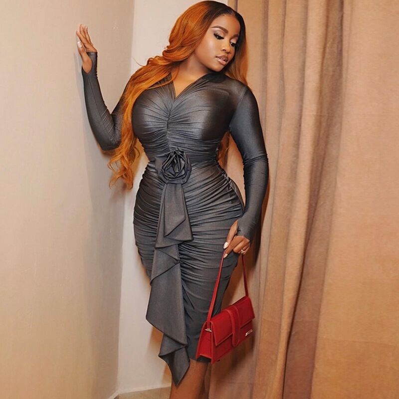 Women's Autumn And Winter Long Sleeve V-Neck Flower Sexy Bodycon Dress