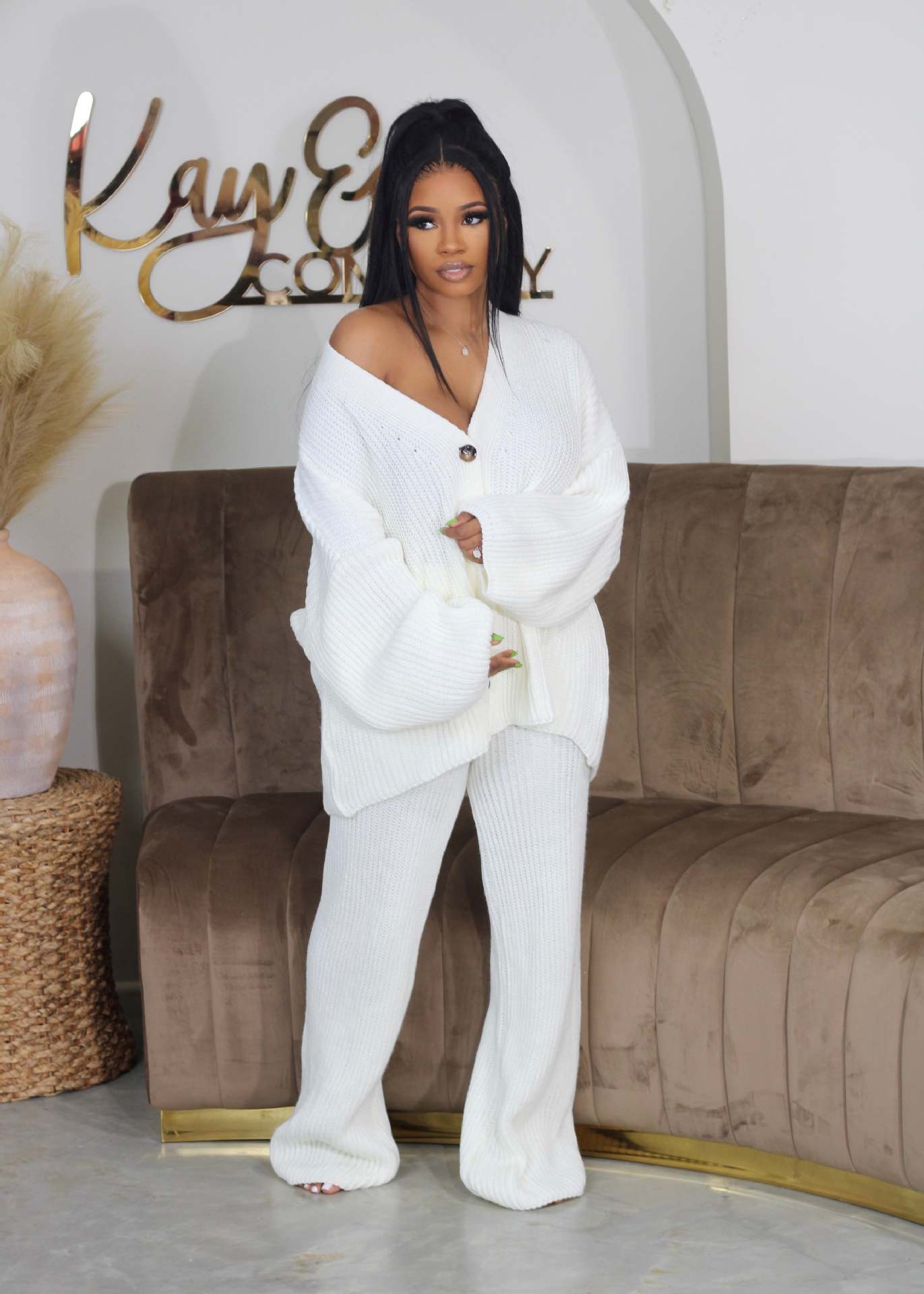 Women Fall/Winter Solidv-neck Button Top and Wide-leg Pants Sweater Two-piece Set 4