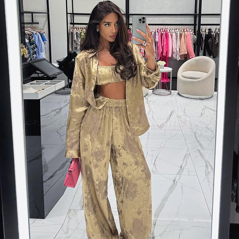 Summer Women's Fashion Turn-Down Collar Long-Sleeve Shirt & Strapless Wide-Leg Pants Three-Piece 5