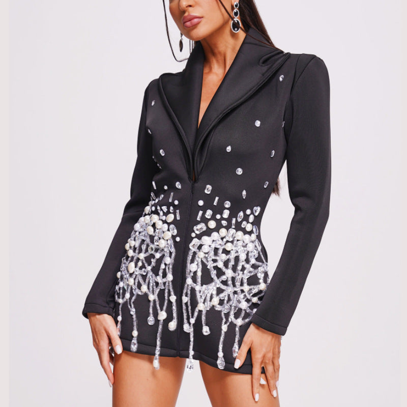 Women rhinestone beaded suit dress 3