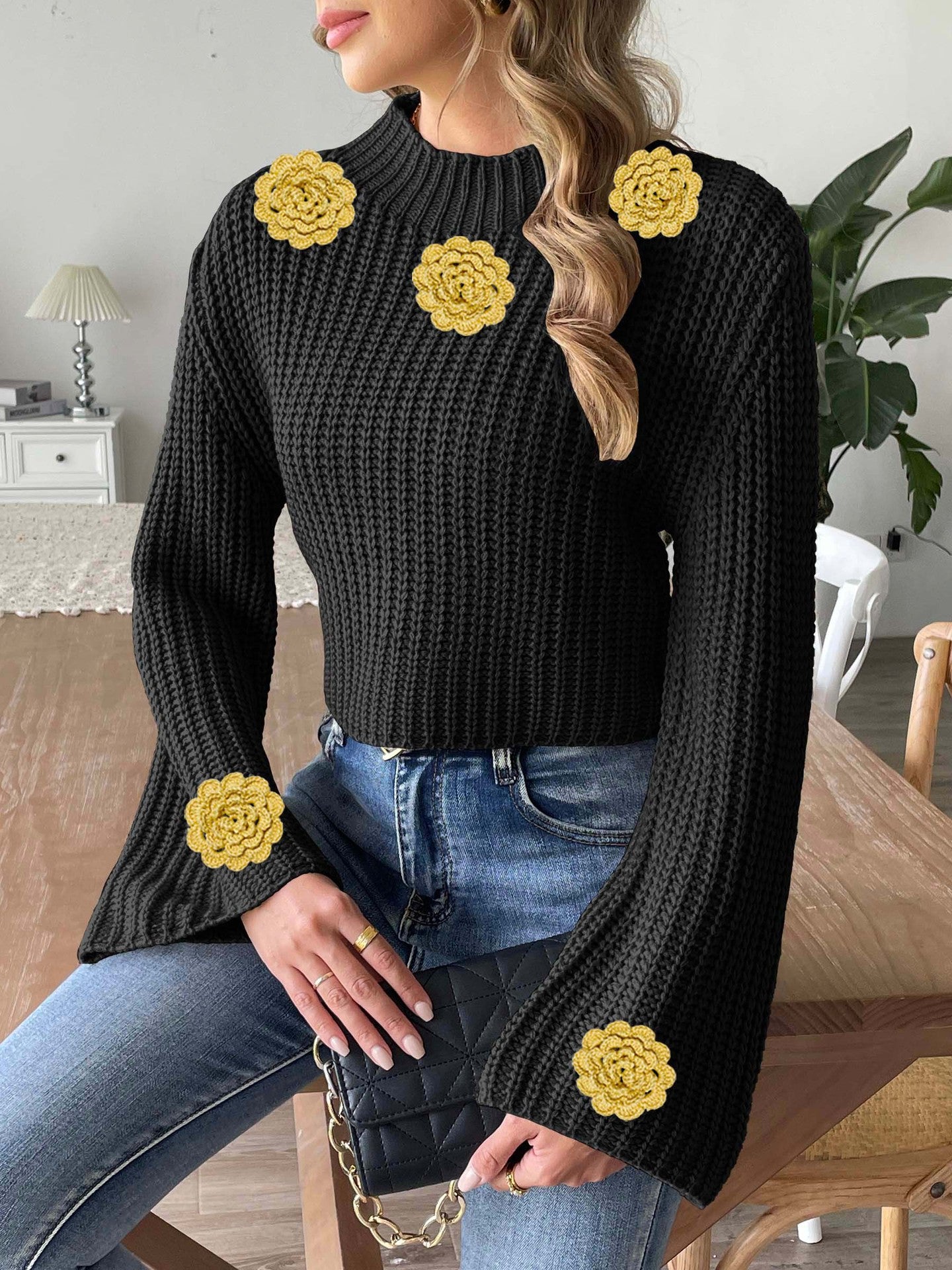 Women's Short Crop Knit Sweater Autumn Winter Crochet Patchwork Bell Sleeve Mock Neck Pullover Top 8