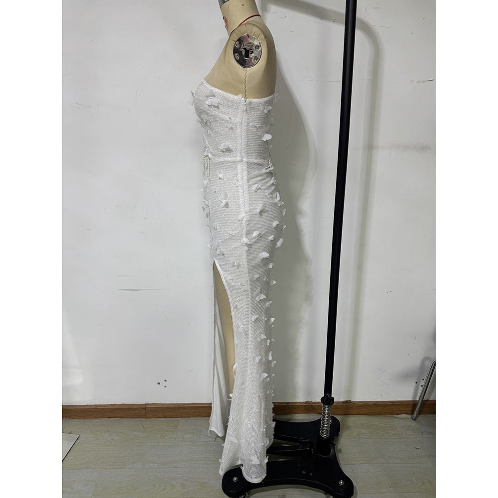 One-Shoulder Tassel Mesh Slim Dress Formal Party Wear 10