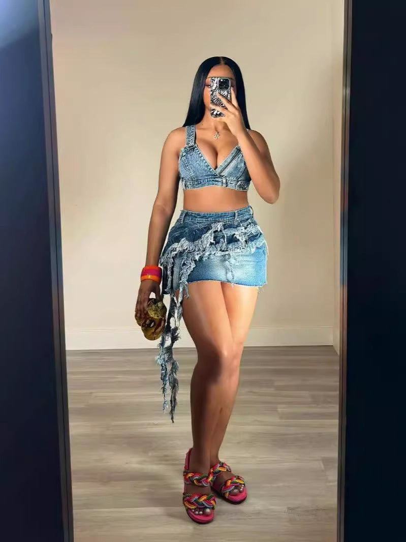 Women Summer Style Tassel Top and Skirt Elastic Denim Two-piece Set 4