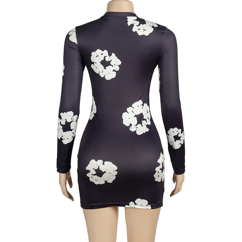 Women Round Neck Long Sleeve Flower Print Dress 11