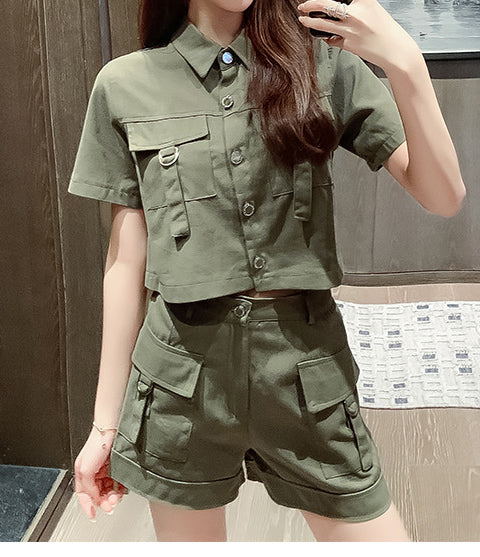 Two-piece summer Cargo style short-sleeved jacket wide-leg shorts women's suit 12