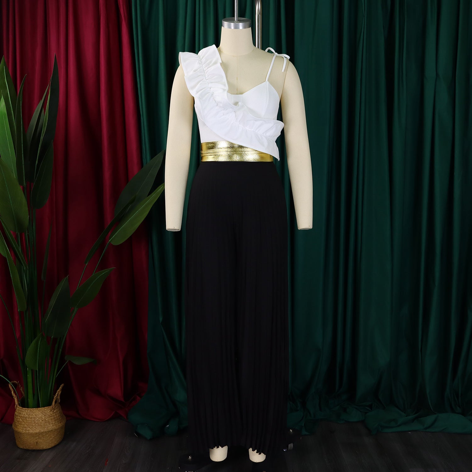 Women's Sexy Ruffle Sleeveless Top Wide Leg Pants Fashion Suit 12