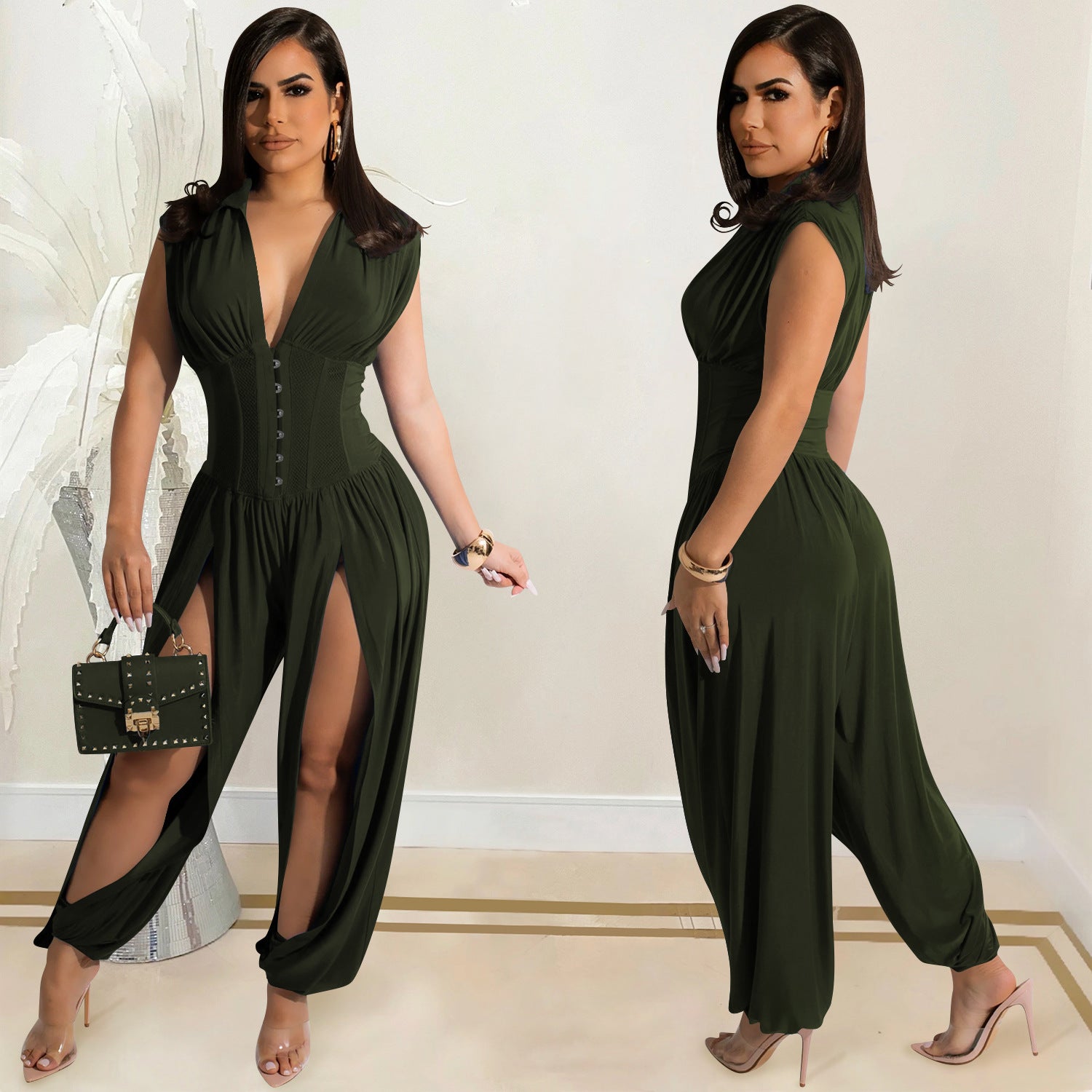 Women's Sexy Deep V Sleeveless Hollow Out Jumpsuit 4