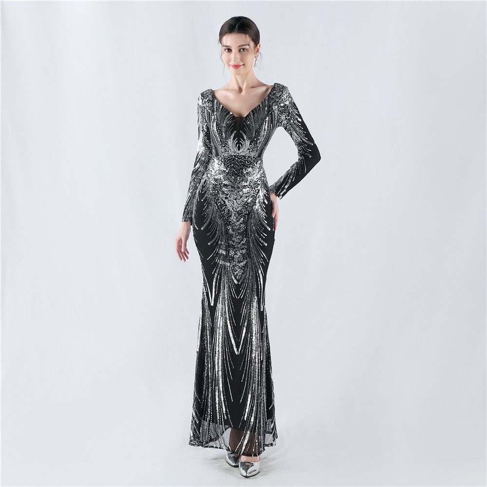 Women Positioning Flower Beaded Long Sleeve Evening Dress 5