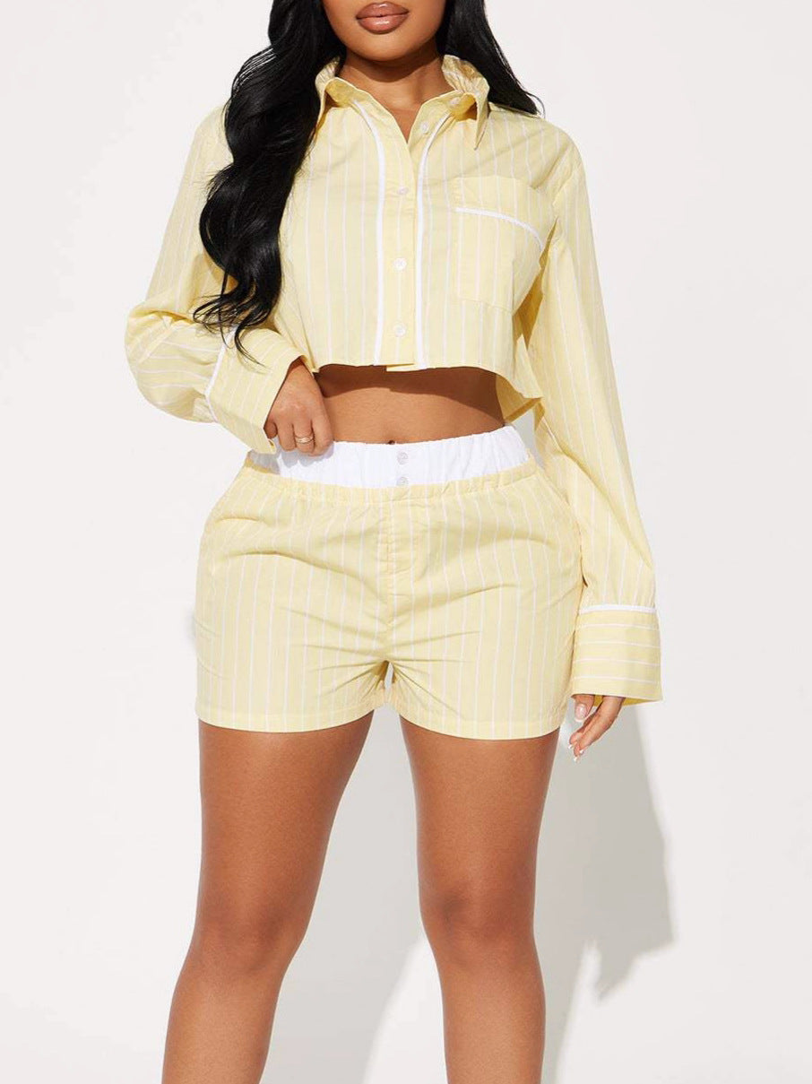 Women Summer Casual Long-Sleeve Turndown Collar Top and Shorts Two-Piece Set 7
