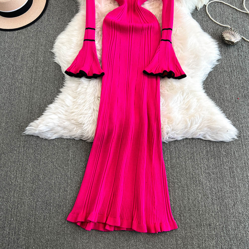 Winter Turndown Collar Knitting Dress Women Long Sleeve Fashion Chic Slim Waist Sweater Dress 16