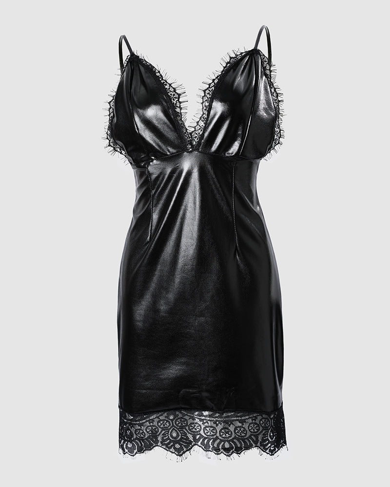 Sexy Low Back Slim Lace Tight Fitting Straps Leather Bodycon Dress 8