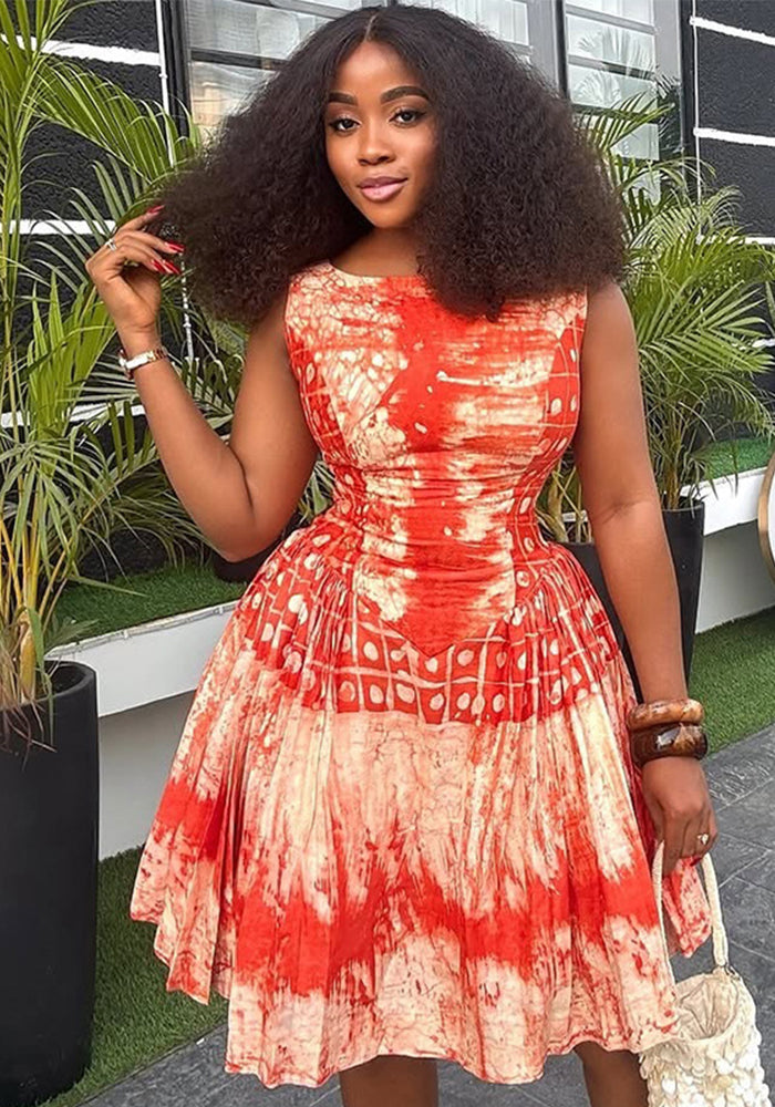 Printed Round Neck Sleeveless Pleated A-Line Mini Dress