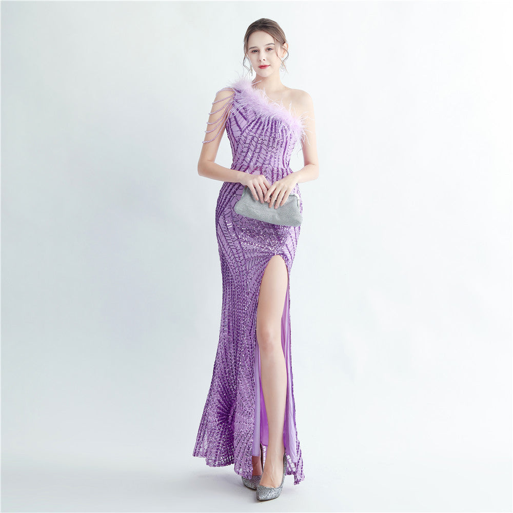 Feather beaded Slash Shoulder formal Party evening dress 11