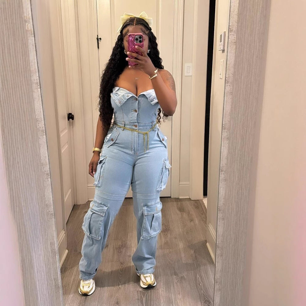 Women's Strapless with Big Pocket Washed Denim Jumpsuit