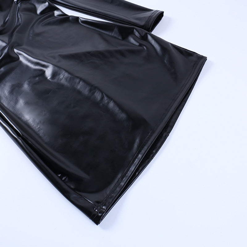 Women's Autumn And Winter Pu Leather Slash Shoulder Single Long Sleeve Sexy Slim Bodycon Women's Fashion Chic Dress 15