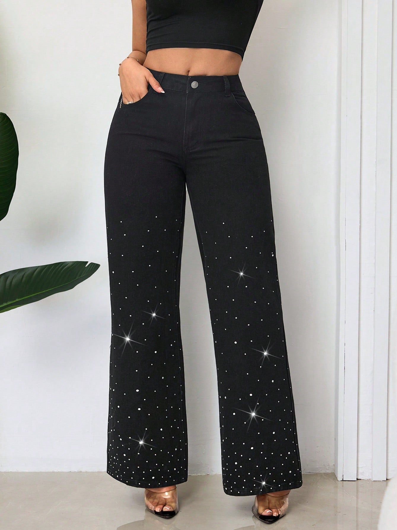 Beaded Women Street Loose Wide Leg Trend Denim Pants 4