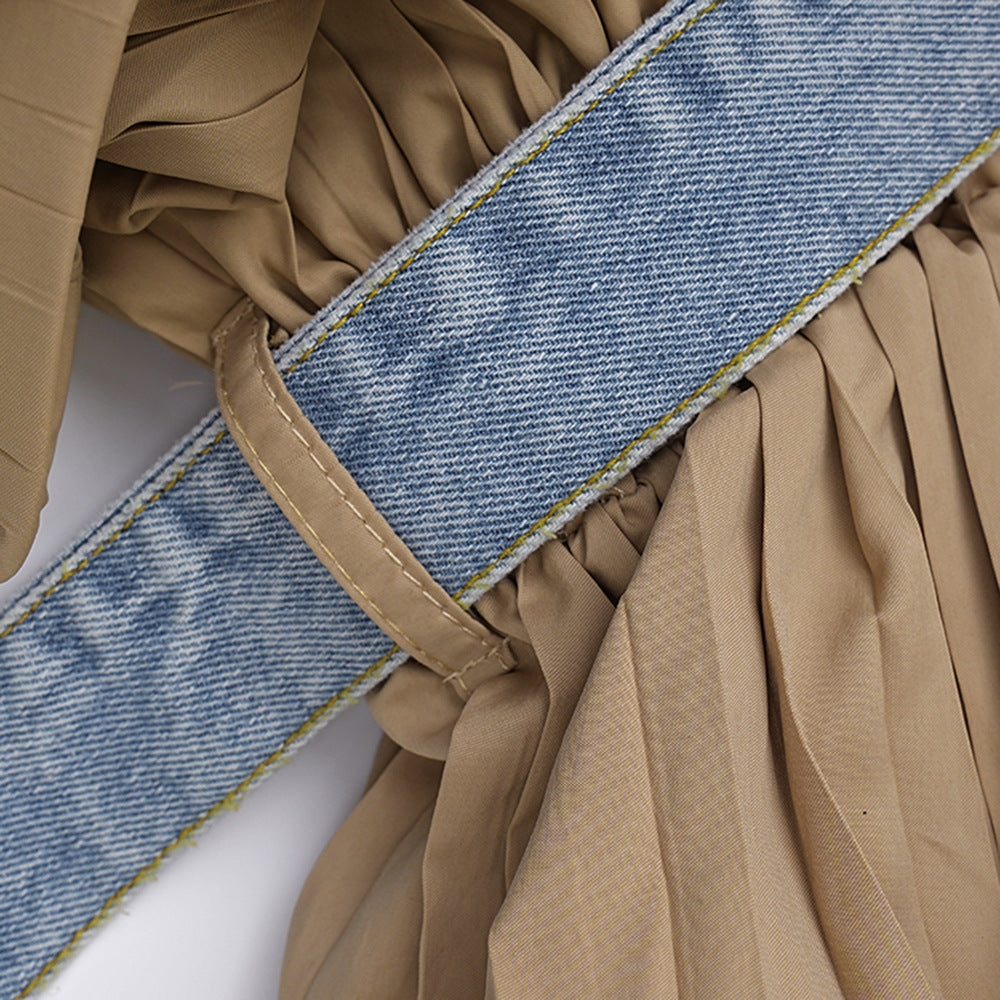 Women's Autumn Ruffle Contrast Color Patchwork Belt Turndown Collar Denim Jacket 21