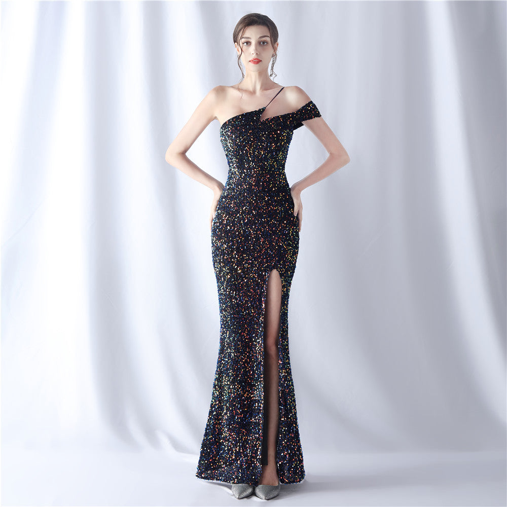 Summer Formal Sequin One-Shoulder Slit Evening Dress 3
