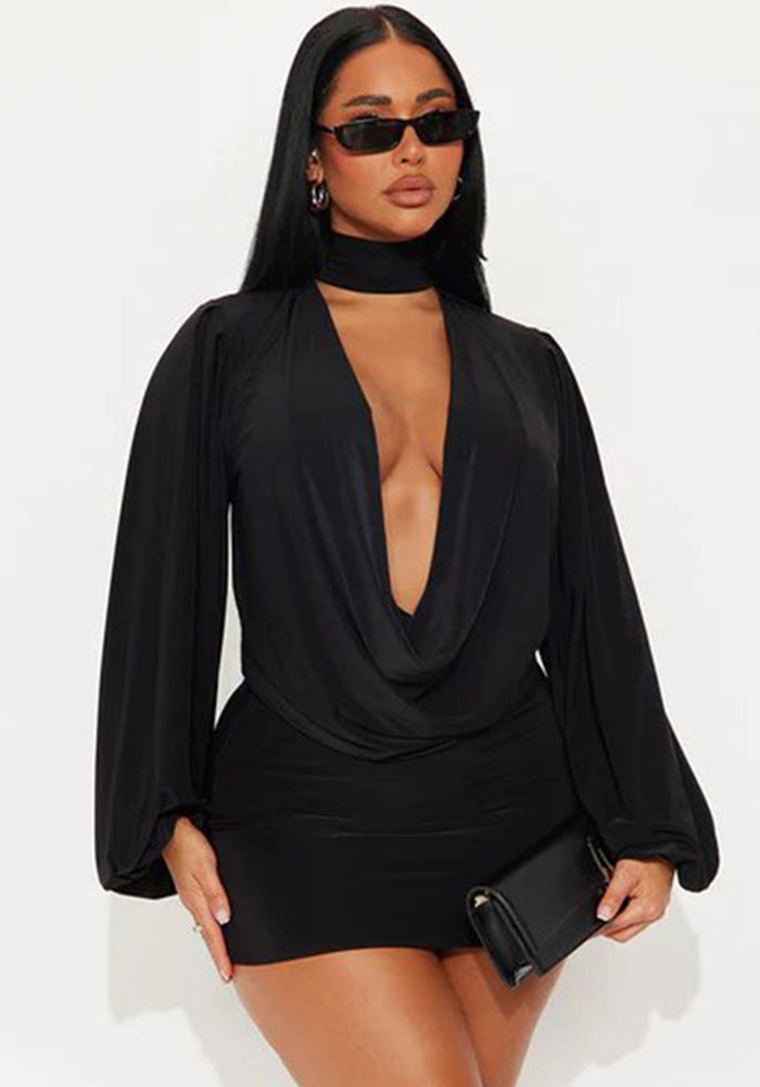 Women Fall Solid Casual V-Neck Long-Sleeved Top and Mini Skirt Two-Piece Set