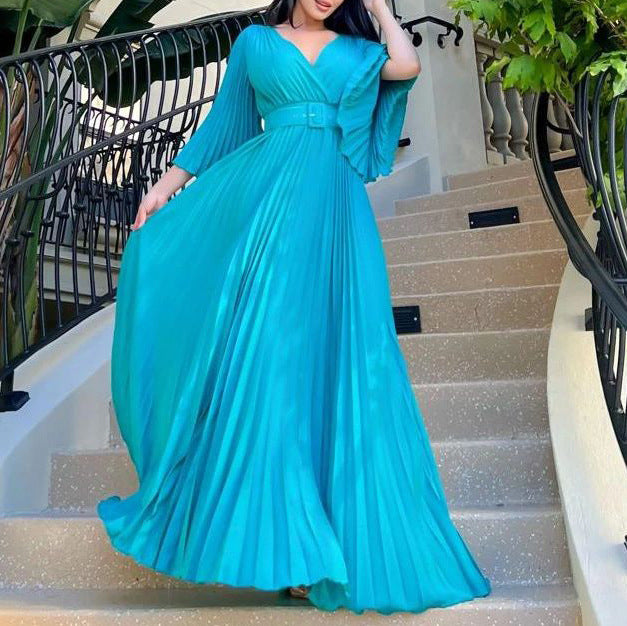 Elegant Women'S Solid Color V-Neck Sexy Pleated Long Dress Maxi Dress 11