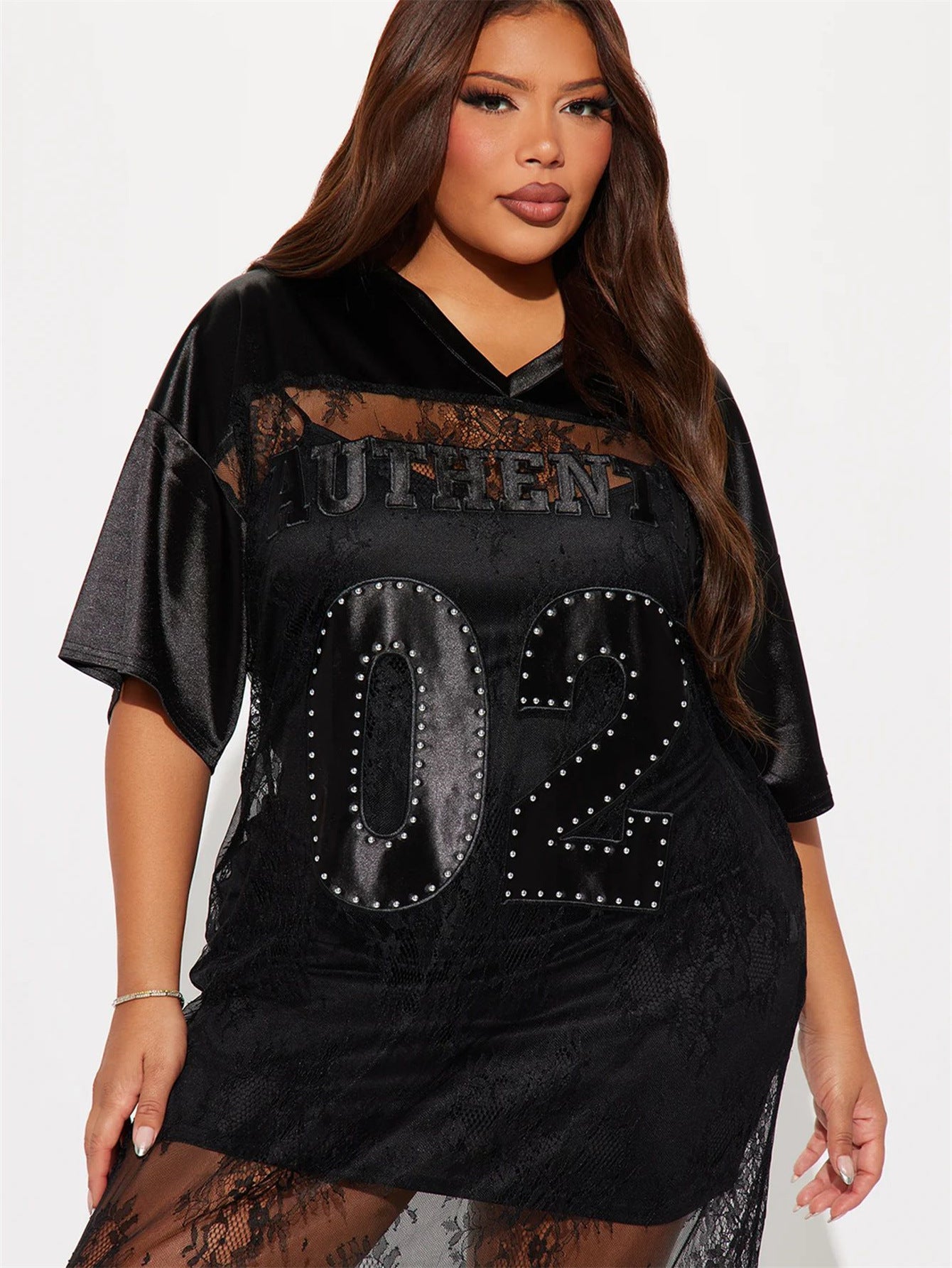 Fashion Loose V-Neck Hollow Lace Patchwork Casual Short-Sleeved Long Dress for Women