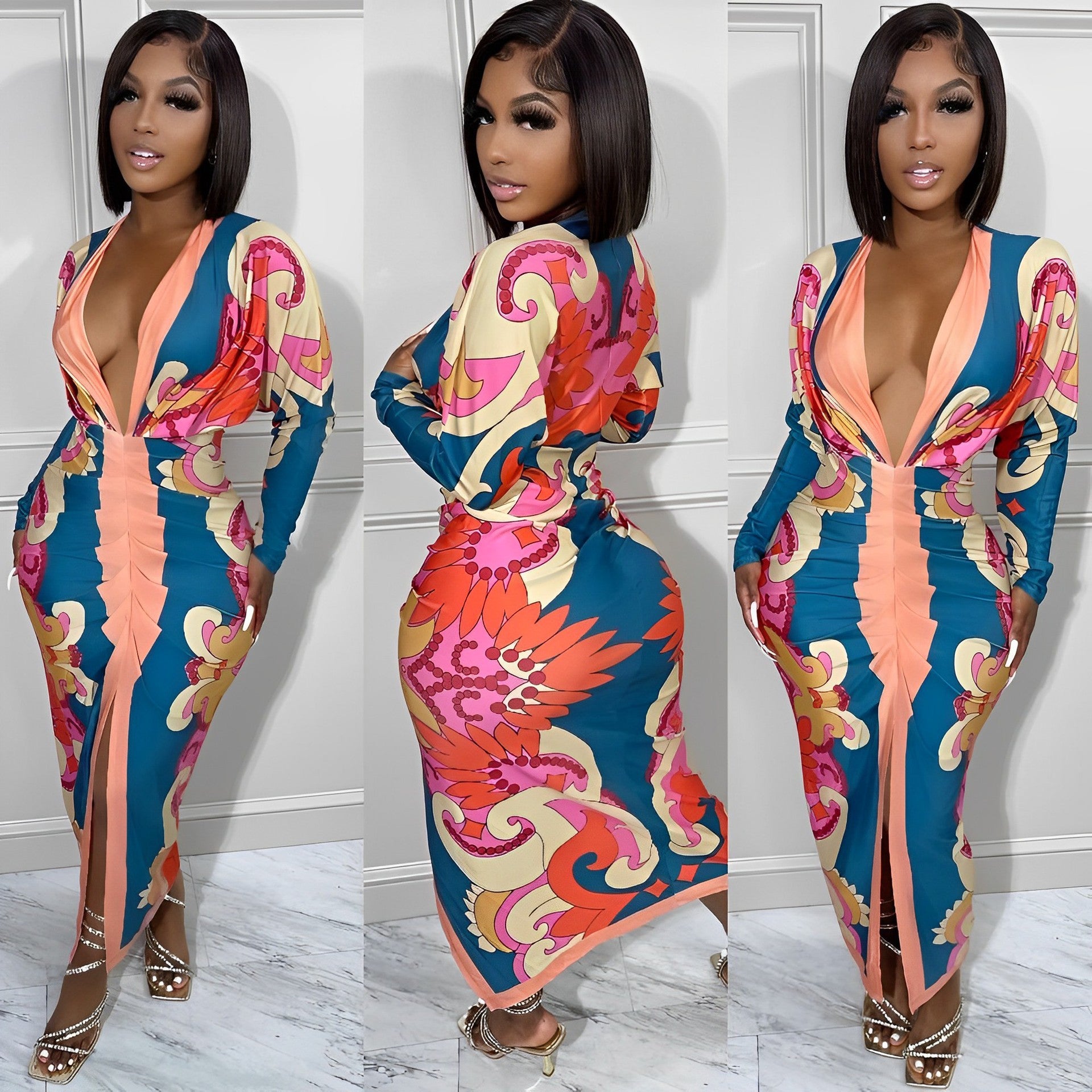 Women Casual Stripe Print Long Sleeve Dress 9