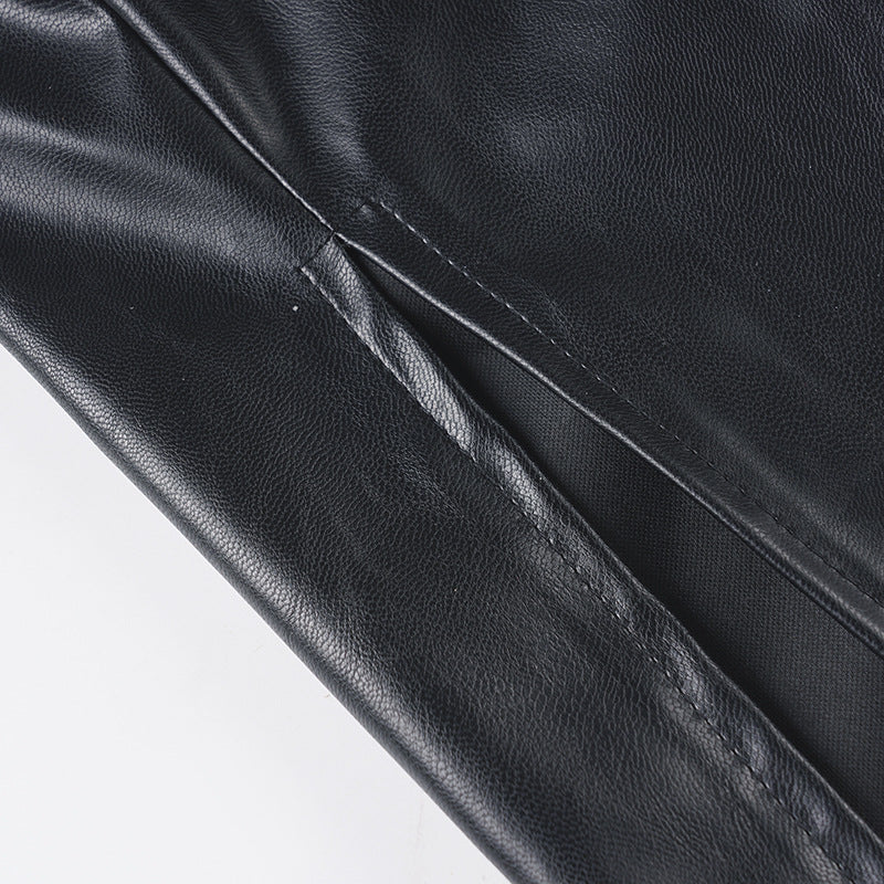 Women sexy V-neck halter slit stretchy Pu-Leather bodycon dress 14