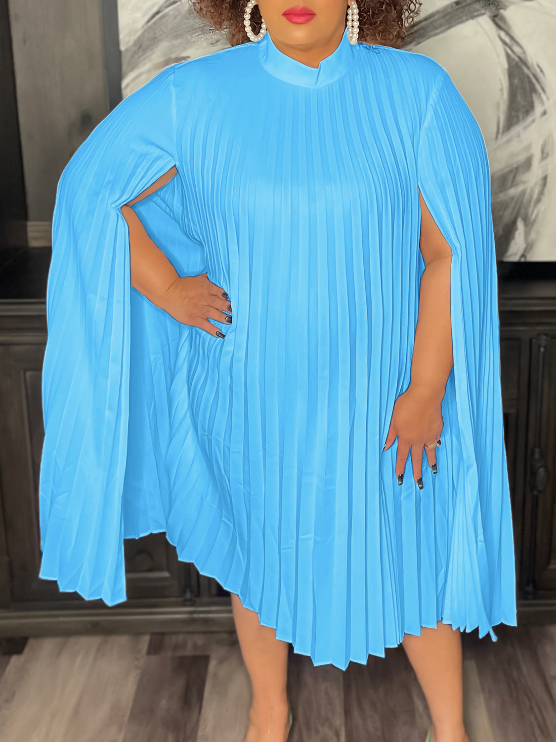 Women's Fashion Chic Elegant Cape Sleeve Loose Pleated Plus Size African Dress 8