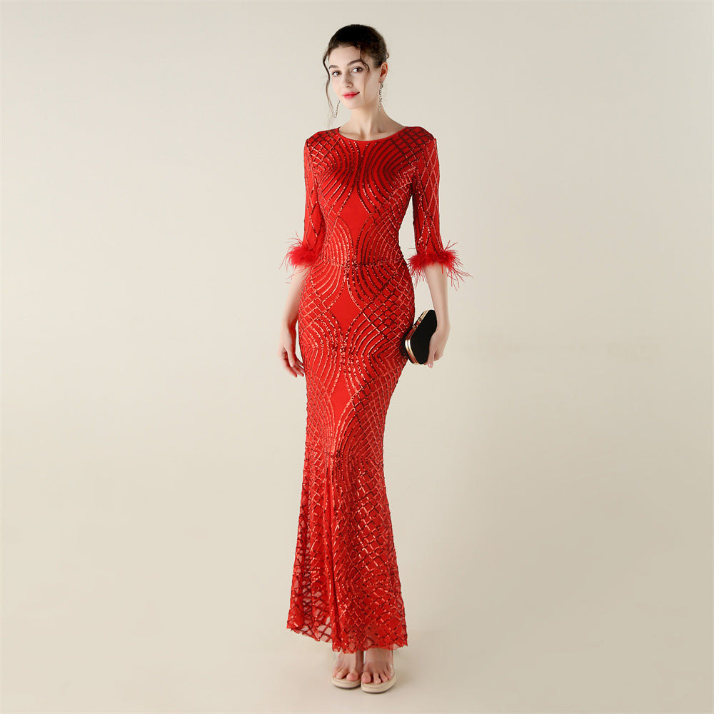 Plus Size Sequin Feather Half Sleeve Fishtail Evening Gown 8