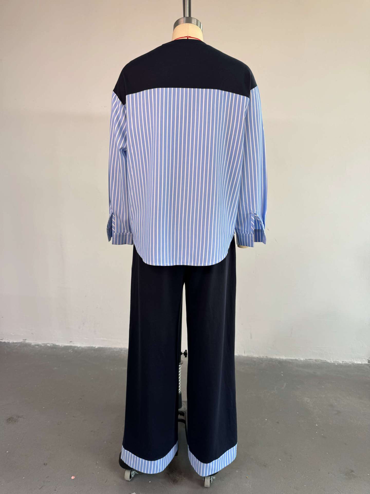 Women's Summer Fashion Round Neck Patchwork Striped Top & High-Waist Pants Casual Set 5