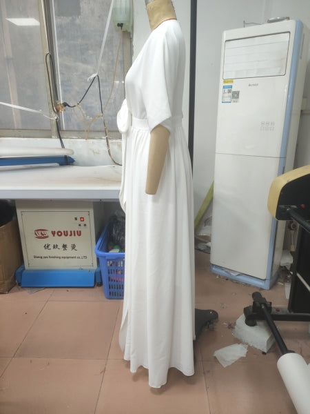 Elegant White V-Neck Slit Half-Sleeve Bow Tie Spring And Summer Women's Dress 9