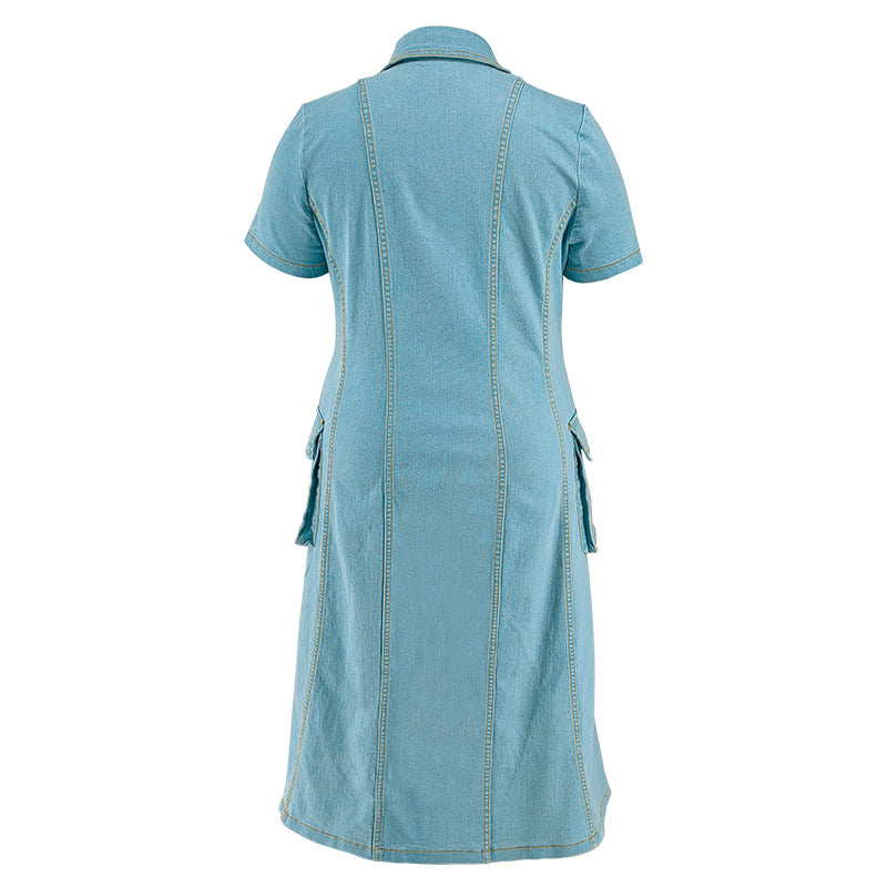 Plus Size Women's Turndown Collar Short Sleeve Button Fashion Denim Dress 7