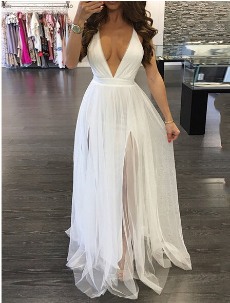 Sexy Strap V-neck Backless Mesh Evening dress