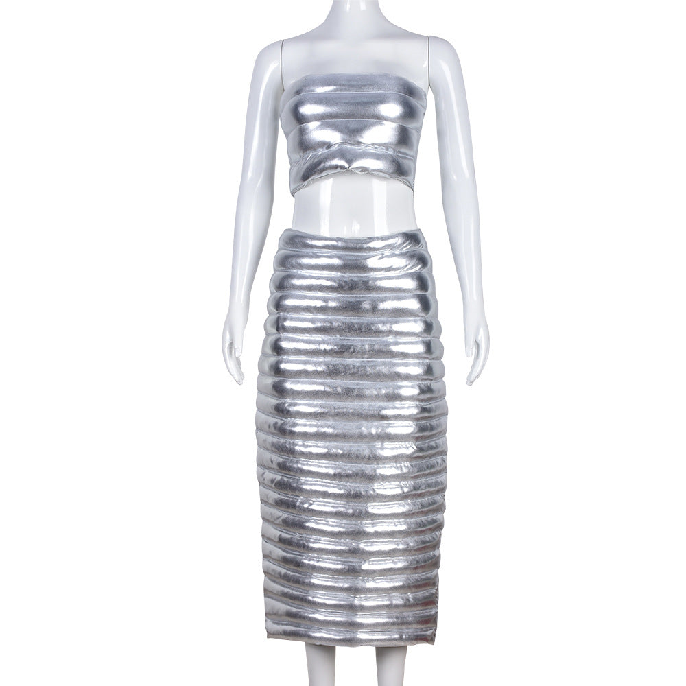 Winter Women's Sexy Cotton-Padded Crop Strapless Top Slim Long Skirt Two Piece Set 6