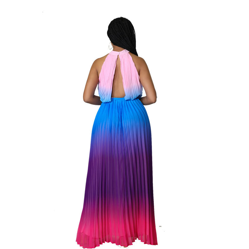 Women's Round Neck Sleeveless Maxi Pleated Tie Dye Pressed Pleated Slim Waist Rainbow Dress 8