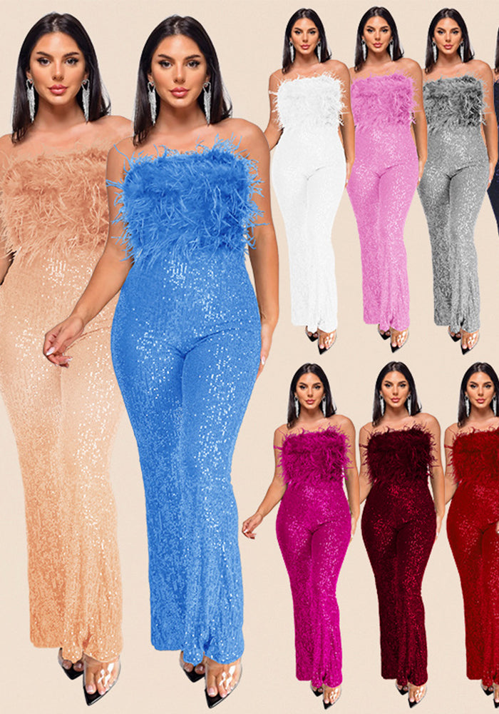 Bell Bottom Feather Strapless Sexy Fashion Jumpsuit
