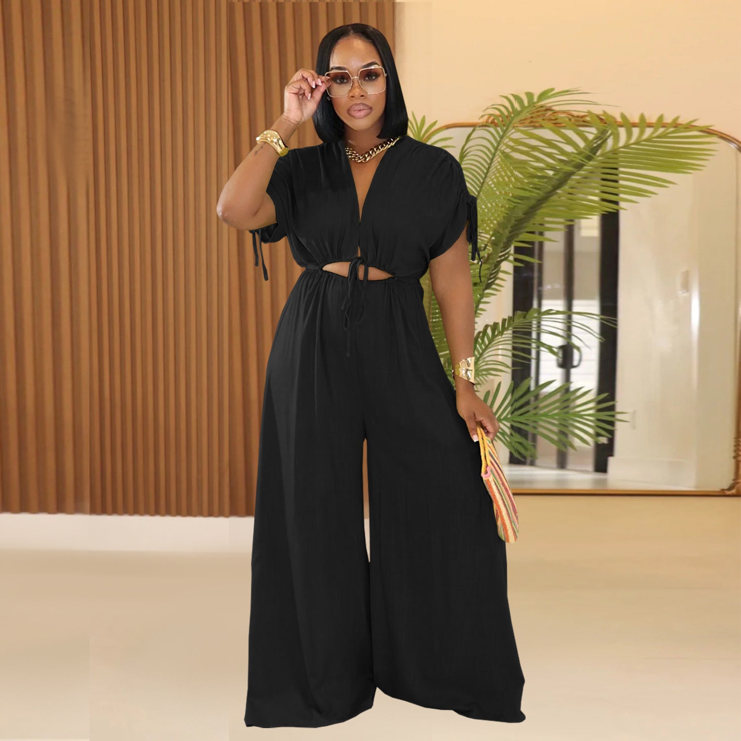 Women  Casual Solid V Neck Lace Wide Leg Jumpsuit 4