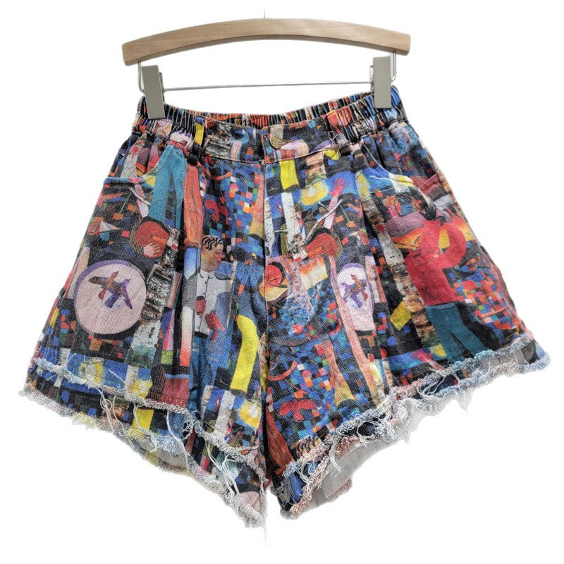 Summer Fashion Printed Distressed Wide-Leg Denim Shorts 6