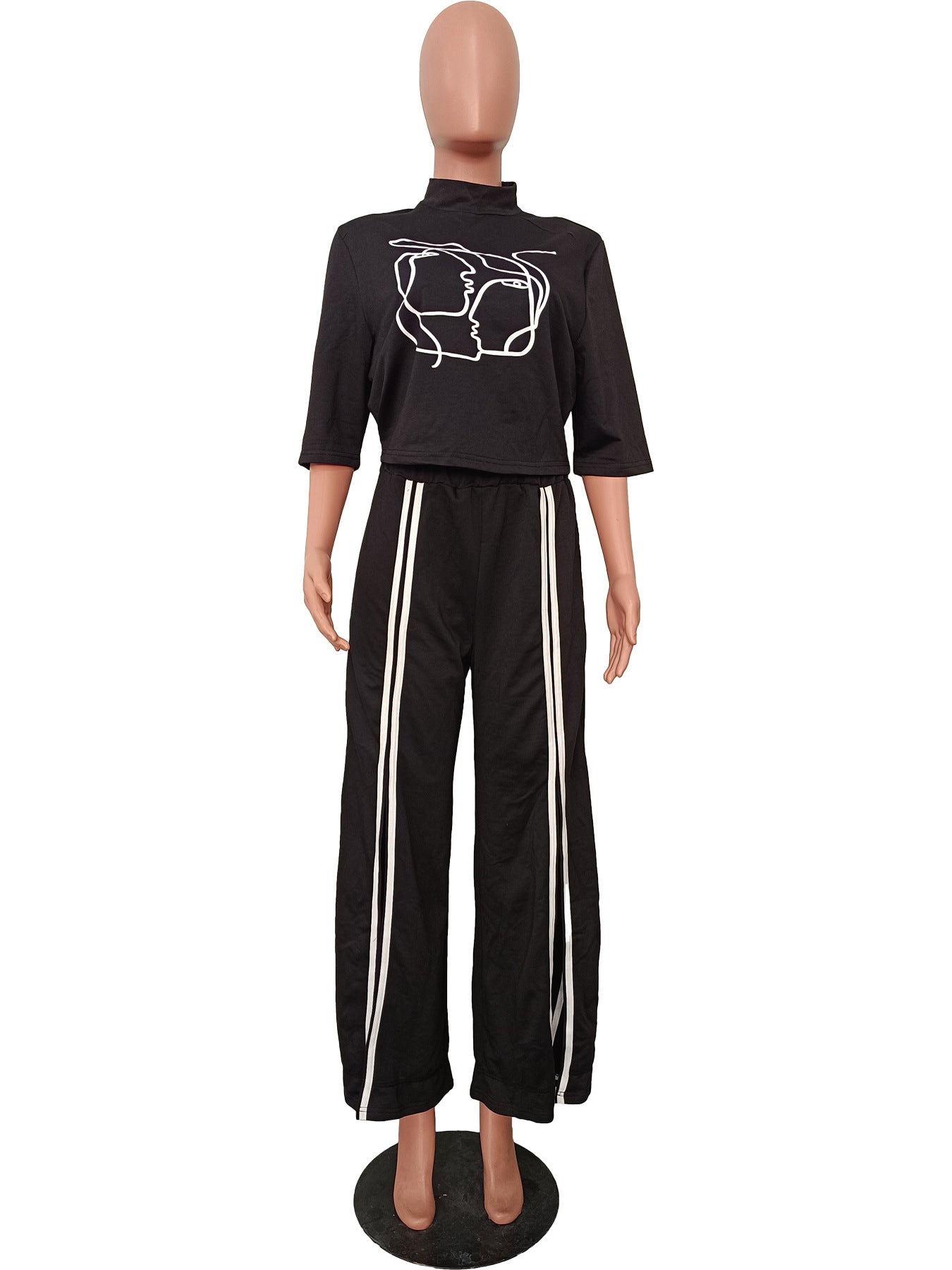 Fall/Winter Women's Ruber Print Top Wide Leg Slit Pants Casual Two Piece Set 4