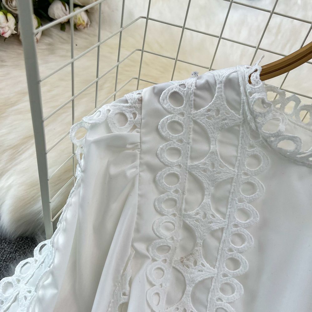 Spring Autumn Retro Chic Lantern Long Sleeve Lace Hollow Patchwork Round Neck Slim Waist Casual Dress 12