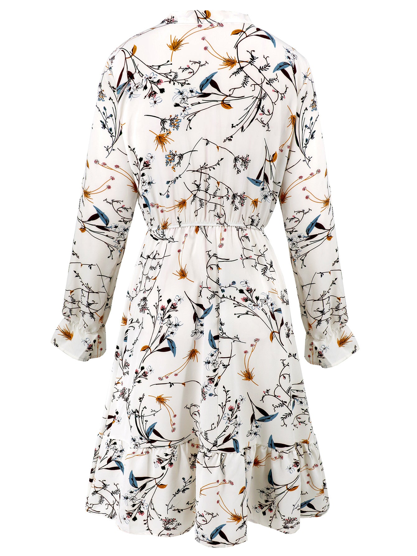 Spring Women's Slim Waist Bell Bottom Long Sleeve Ruffle Floral Dress 17