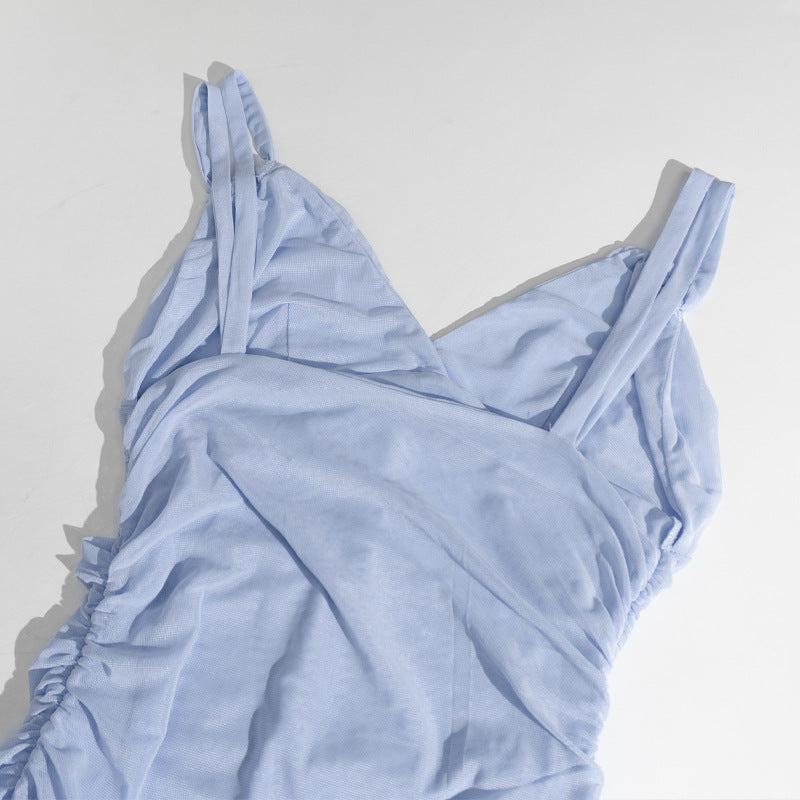 Women Strapless V-Neck Sleeveless Backless See-Through Mesh Slit Maxi Dress 13